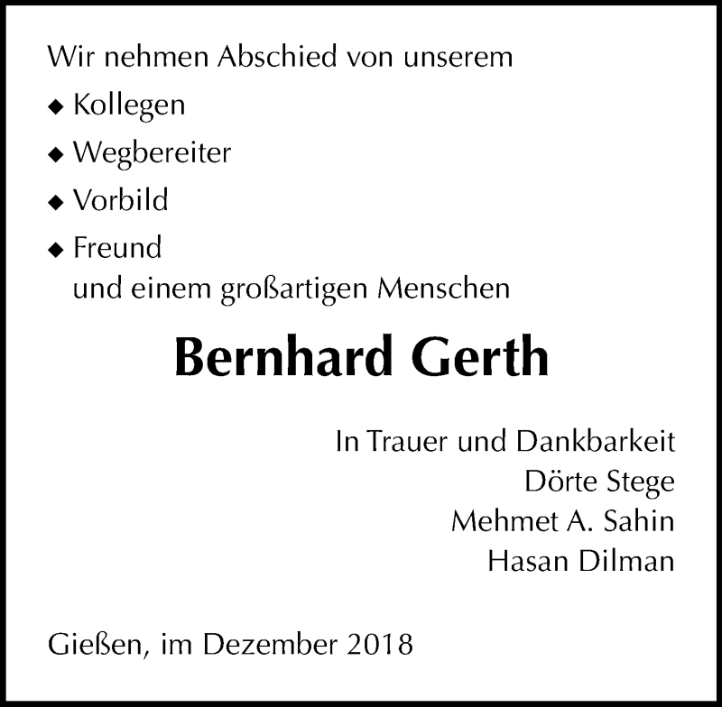  Traueranzeige für Bernhard Gerth vom 15.12.2018 aus 560 Gießener Anzeiger