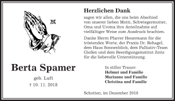 Traueranzeige von Berta Spamer von 561 Kreisanzeiger