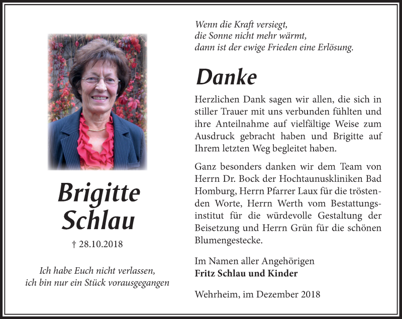  Traueranzeige für Brigitte Schlau vom 08.12.2018 aus 564 Usinger Anzeiger
