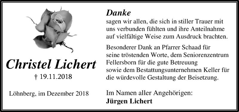  Traueranzeige für Christel Lichert vom 15.12.2018 aus 206 WT - Weilburger Tageblatt (140)