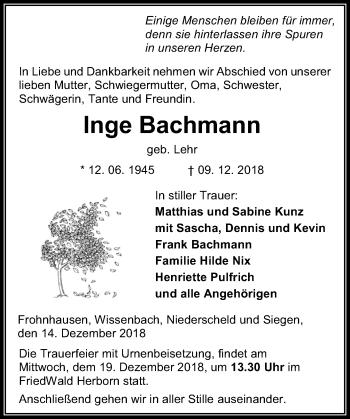Traueranzeige von Inge Bachmann von 202 Dill Block (120)