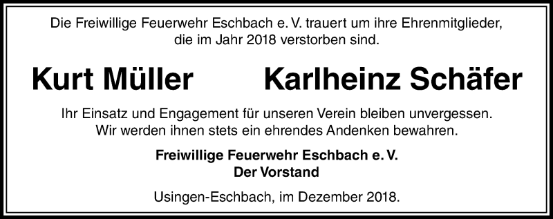  Traueranzeige für Karlheinz Schäfer vom 15.12.2018 aus 564 Usinger Anzeiger
