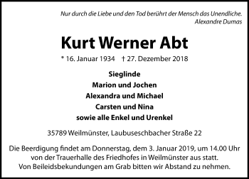 Traueranzeige von Kurt Werner Abt von 564 Usinger Anzeiger
