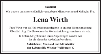 Traueranzeige von Lena Wirth von 201 WNZ - Wetzlarer Neue Zeitung (110)