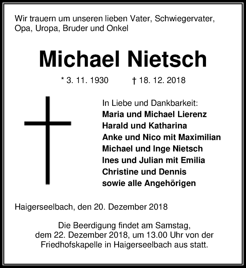  Traueranzeige für Michael Nietsch vom 20.12.2018 aus 202 Dill Block (120)