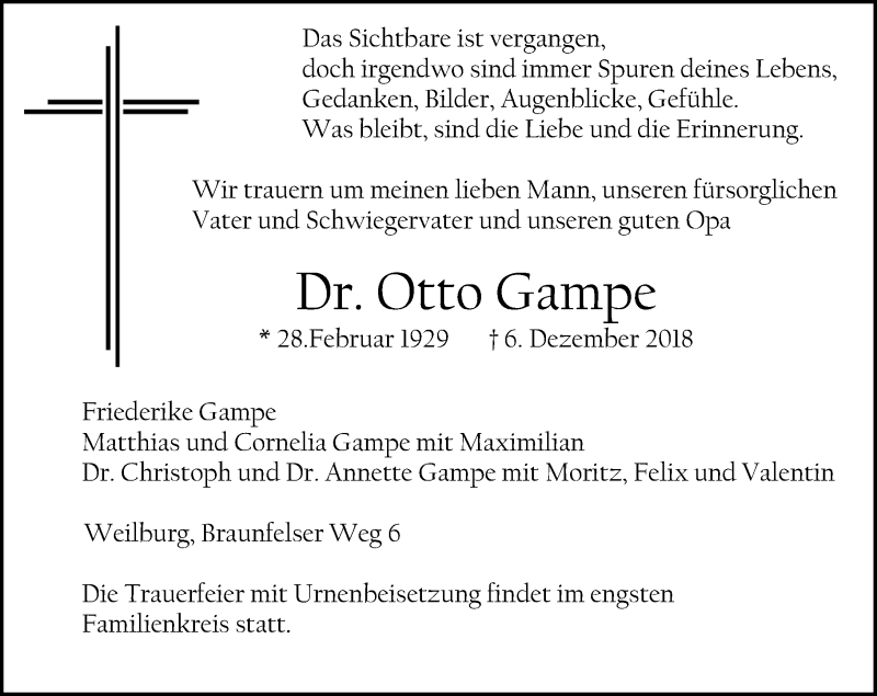  Traueranzeige für Otto Gampe vom 15.12.2018 aus 206 WT - Weilburger Tageblatt (140)