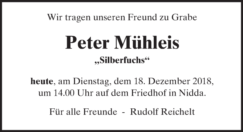  Traueranzeige für Peter Mühleis vom 18.12.2018 aus 561 Kreisanzeiger
