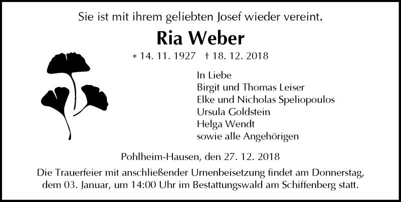  Traueranzeige für Ria Weber vom 27.12.2018 aus 560 Gießener Anzeiger