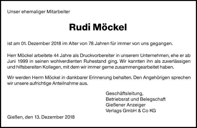  Traueranzeige für Rudi Möckel vom 13.12.2018 aus 560 Gießener Anzeiger