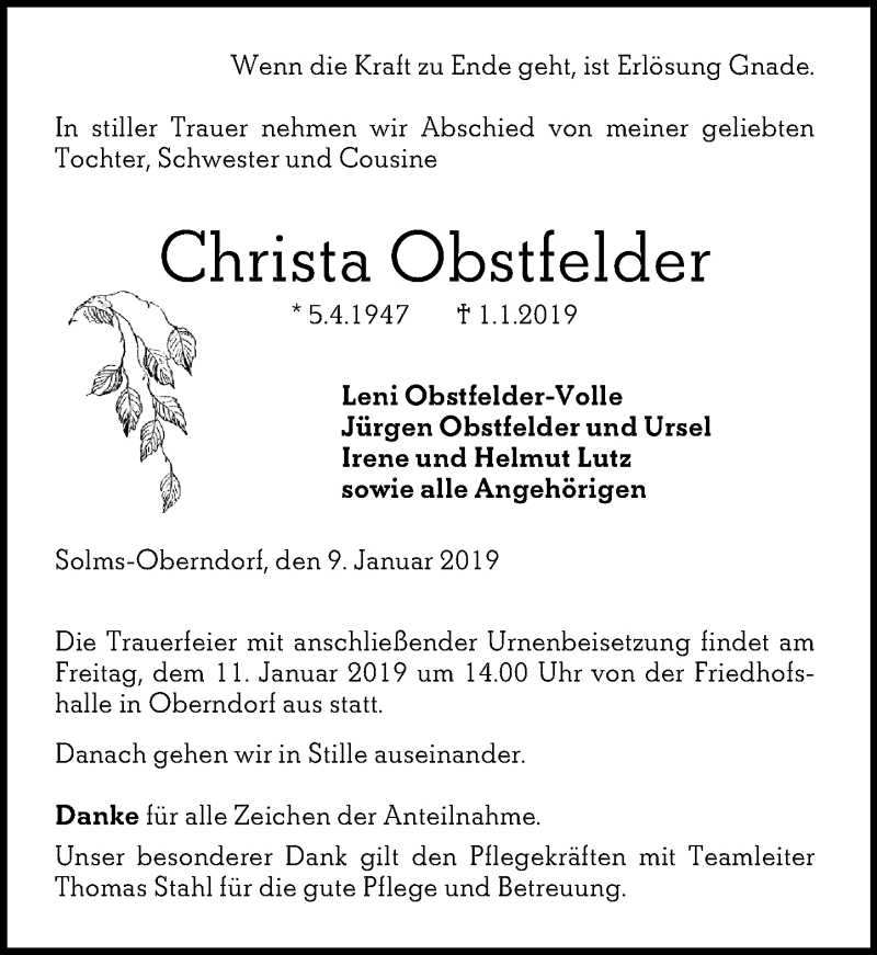  Traueranzeige für Christa Obstfelder vom 09.01.2019 aus 201 WNZ - Wetzlarer Neue Zeitung (110)