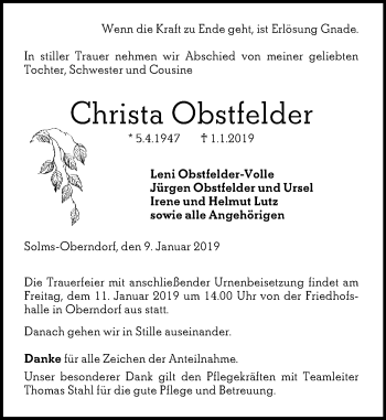 Traueranzeige von Christa Obstfelder von 201 WNZ - Wetzlarer Neue Zeitung (110)