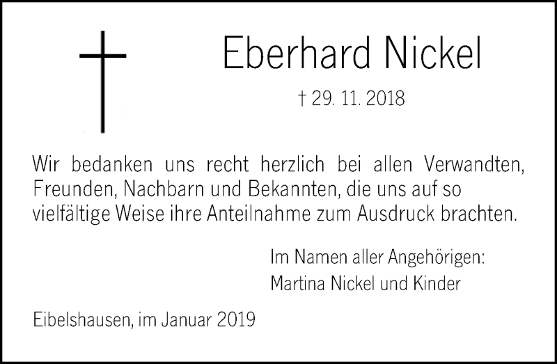  Traueranzeige für Eberhard Nickel vom 12.01.2019 aus 202 Dill Block (120)