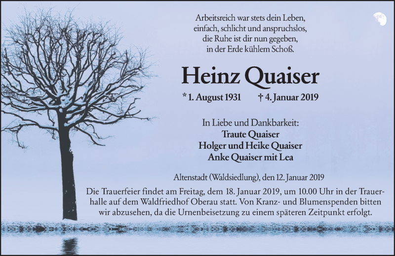  Traueranzeige für Heinz Quaiser vom 12.01.2019 aus 561 Kreisanzeiger
