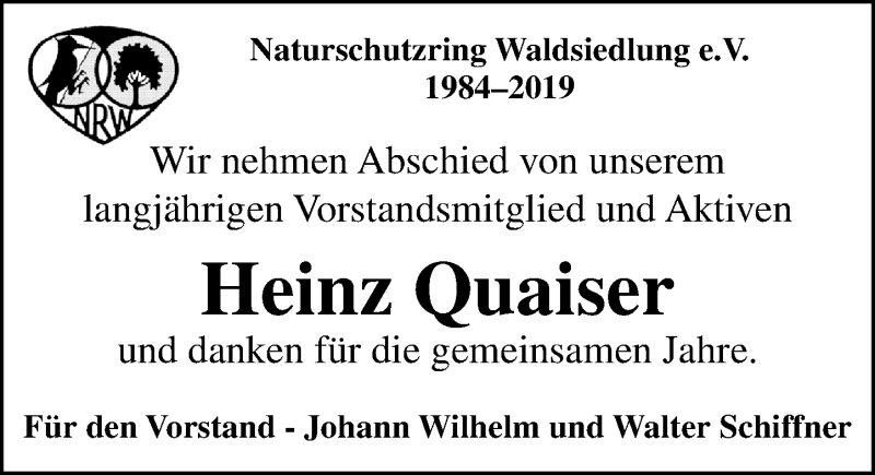  Traueranzeige für Heinz Quaiser vom 12.01.2019 aus 561 Kreisanzeiger
