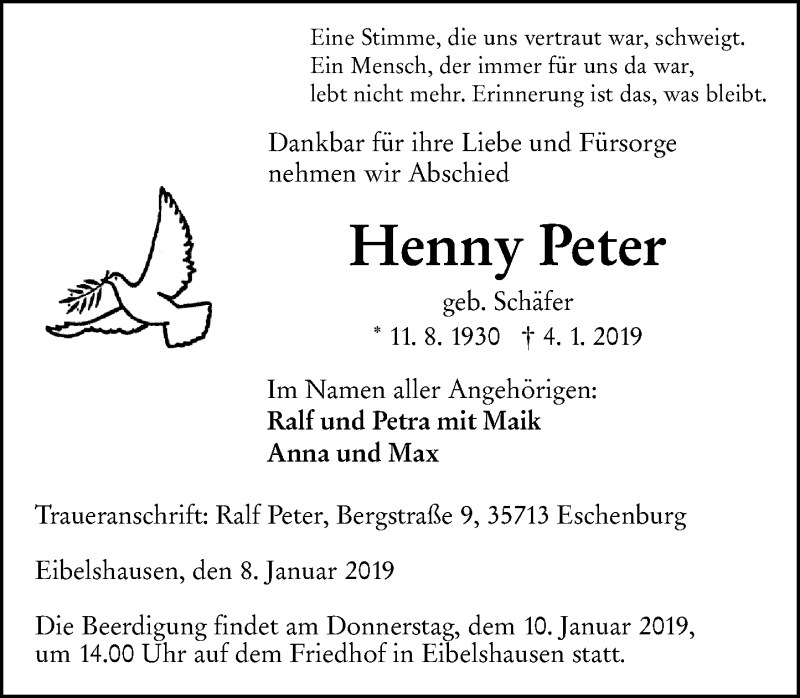  Traueranzeige für Henny Peter vom 08.01.2019 aus 202 Dill Block (120)