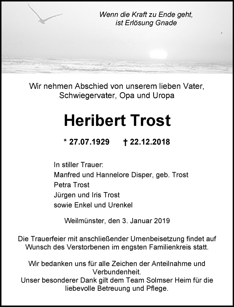  Traueranzeige für Heribert Trost vom 03.01.2019 aus 206 WT - Weilburger Tageblatt (140)