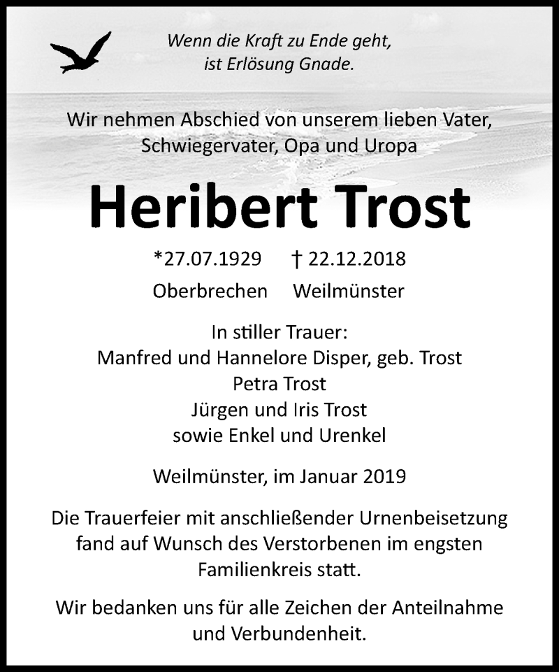  Traueranzeige für Heribert Trost vom 10.01.2019 aus 582 Camberger Anzeiger