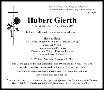 Traueranzeige von Hubert Gierth von 564 Usinger Anzeiger
