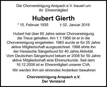 Traueranzeige von Hubert Gierth von 564 Usinger Anzeiger