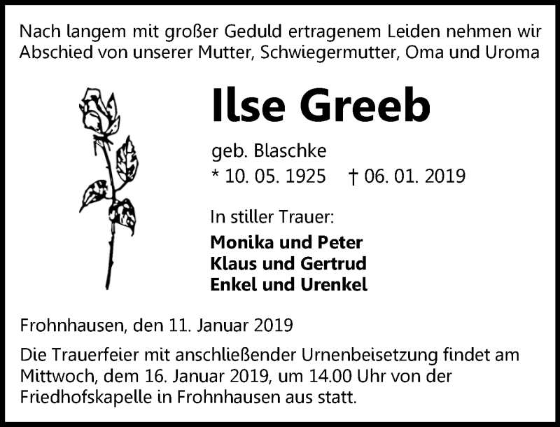 Traueranzeige für Ilse Greeb vom 11.01.2019 aus 202 Dill Block (120)