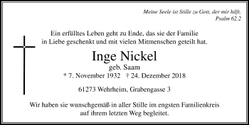 Traueranzeige von Inge Nickel von 564 Usinger Anzeiger