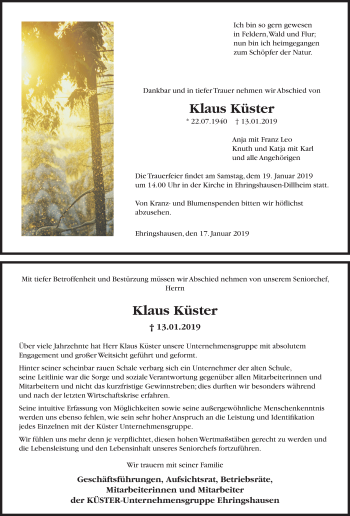 Traueranzeige von Klaus Küster von 206 WT - Weilburger Tageblatt (140)