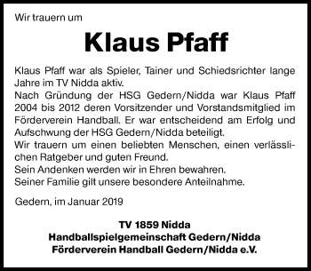 Traueranzeige von Klaus Pfaff von 561 Kreisanzeiger