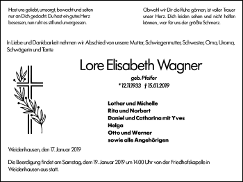 Traueranzeige von Lore Elisabeth Wagner von 205 HA - Hinterländer Anzeiger (130)