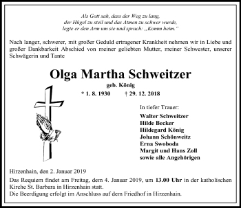 Traueranzeige von Olga Martha Schweitzer von 561 Kreisanzeiger