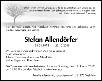 Traueranzeige von Stefan Allendörfer von 564 Usinger Anzeiger