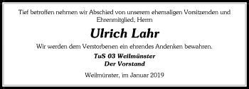 Traueranzeige von Ulrich Lahr von 206 WT - Weilburger Tageblatt (140)