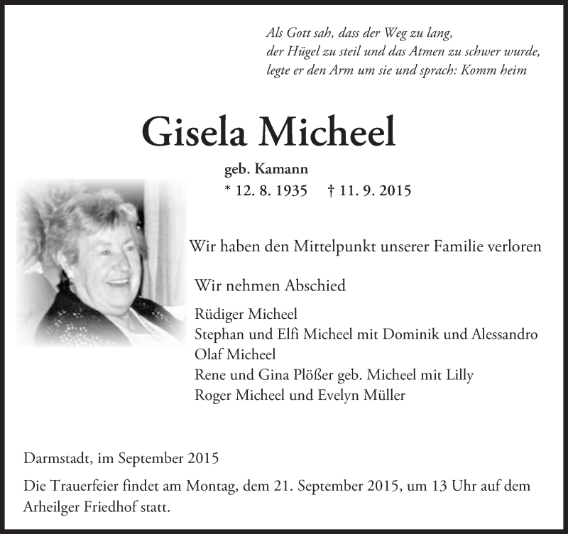  Traueranzeige für Gisela Micheel vom 19.09.2015 aus trauer.echo-online.de