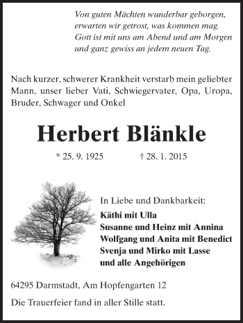 Traueranzeige von Herbert Blänkle von Echo-Zeitungen (Gesamtausgabe)