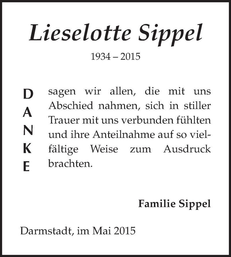  Traueranzeige für Lieselotte Sippel vom 16.05.2015 aus Echo-Zeitungen (Gesamtausgabe)
