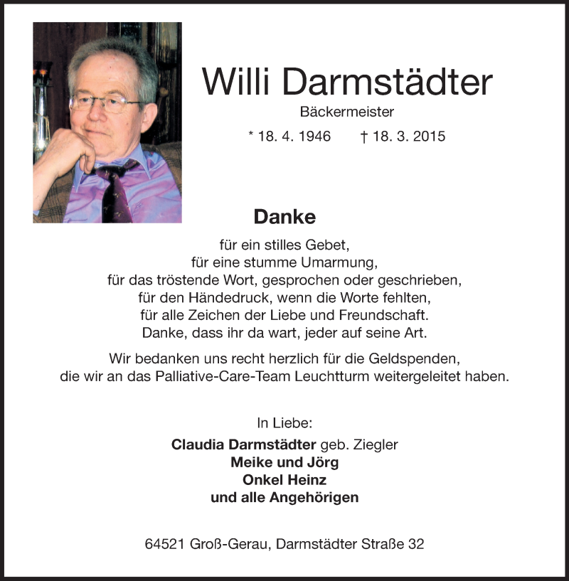  Traueranzeige für Willi Darmstädter vom 11.04.2015 aus Rüsselsheimer Echo, Groß-Gerauer-Echo, Ried Echo