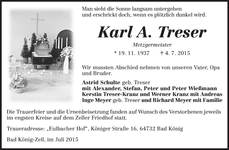  Traueranzeige für Karl Treser vom 11.07.2015 aus Echo-Zeitungen (Gesamtausgabe)