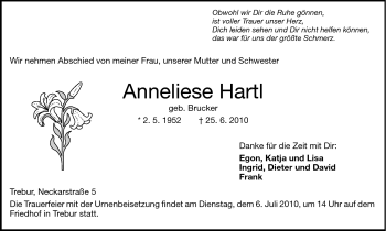 Traueranzeige von Anneliese Hartl von Rüsselsheimer Echo, Groß-Gerauer-Echo, Ried Echo