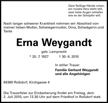 Traueranzeige von Erna Weygandt von Echo-Zeitungen (Gesamtausgabe)