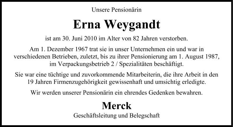  Traueranzeige für Erna Weygandt vom 02.07.2010 aus Darmstädter Echo, Odenwälder Echo, Rüsselsheimer Echo, Groß-Gerauer-Echo, Ried Echo