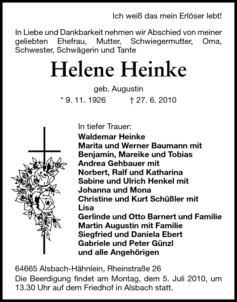  Traueranzeige für Helene Heinke vom 03.07.2010 aus Echo-Zeitungen (Gesamtausgabe)