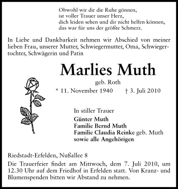 Traueranzeige von Marlies Muth von Rüsselsheimer Echo, Groß-Gerauer-Echo, Ried Echo