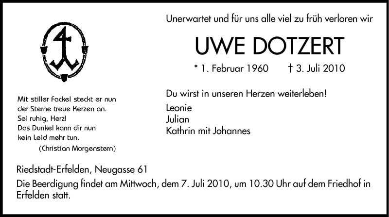  Traueranzeige für Uwe Dotzert vom 05.07.2010 aus Echo-Zeitungen (Gesamtausgabe)