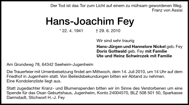  Traueranzeige für Hans-Joachim Fey vom 07.07.2010 aus Echo-Zeitungen (Gesamtausgabe)