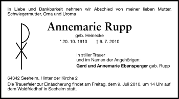 Traueranzeige von Annemarie Rupp von Darmstädter Echo, Odenwälder Echo, Rüsselsheimer Echo, Groß-Gerauer-Echo, Ried Echo