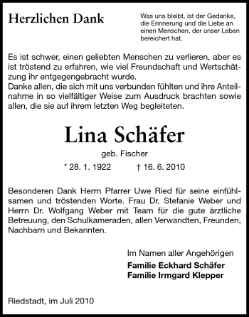 Traueranzeige von Lina Schäfer von Rüsselsheimer Echo, Groß-Gerauer-Echo, Ried Echo