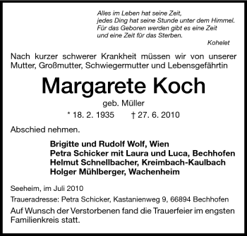 Traueranzeige von Margarete Koch von Echo-Zeitungen (Gesamtausgabe)