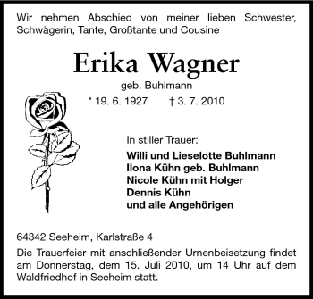 Traueranzeige von Erika Wagner von Echo-Zeitungen (Gesamtausgabe)