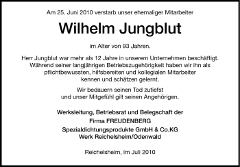 Traueranzeige von Wilhelm Jungblut von Odenwälder Echo