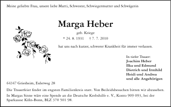 Traueranzeige von Marga Heber von Echo-Zeitungen (Gesamtausgabe)