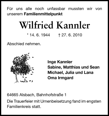 Traueranzeige von Wilfried Kannler von Echo-Zeitungen (Gesamtausgabe)